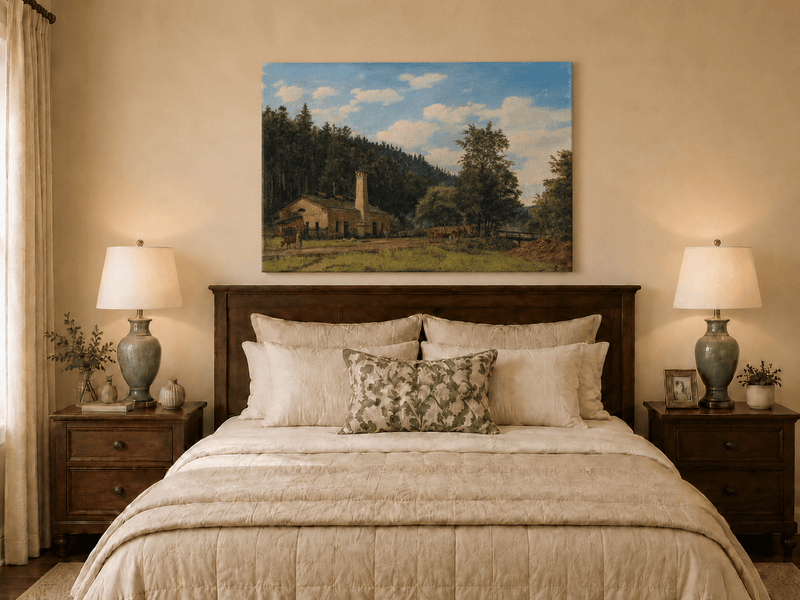 Landscape Oil Painting - Rustic Mill House by Forest Meadow