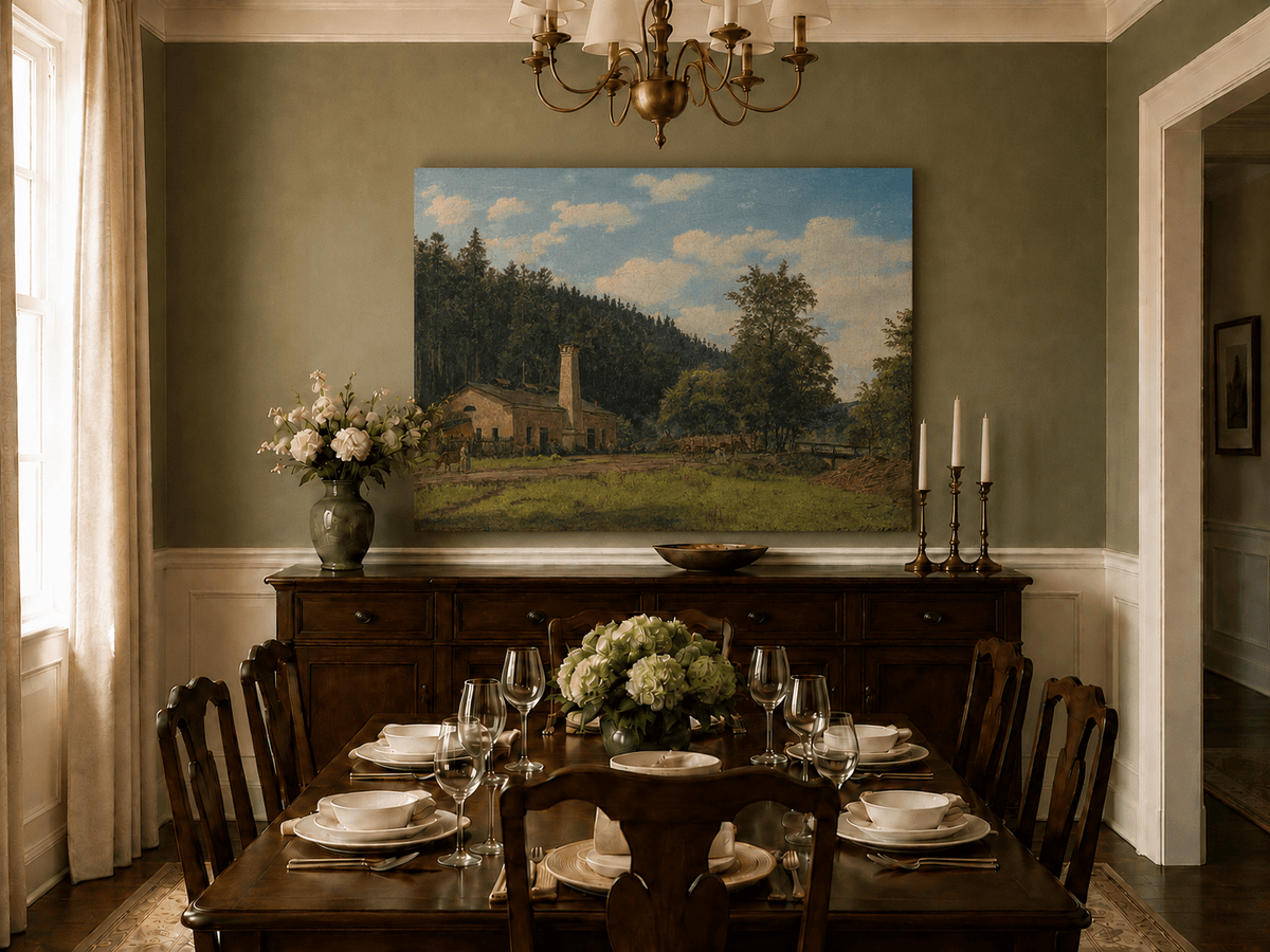 Landscape Oil Painting - Rustic Mill House by Forest Meadow