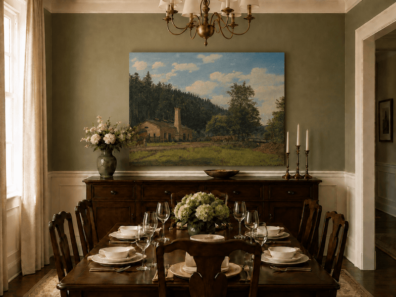 Landscape Oil Painting - Rustic Mill House by Forest Meadow