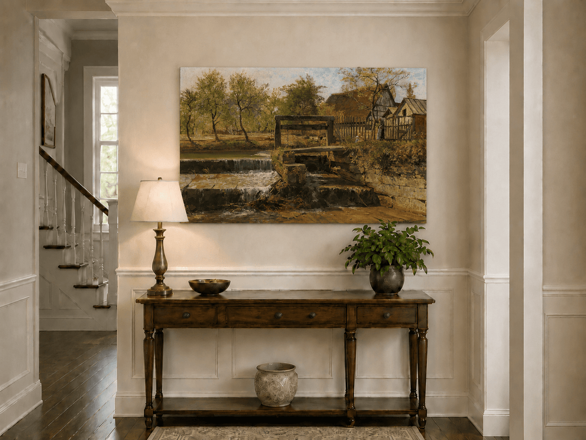 Landscape Oil Painting - Rustic Mill Stream and Village Scene