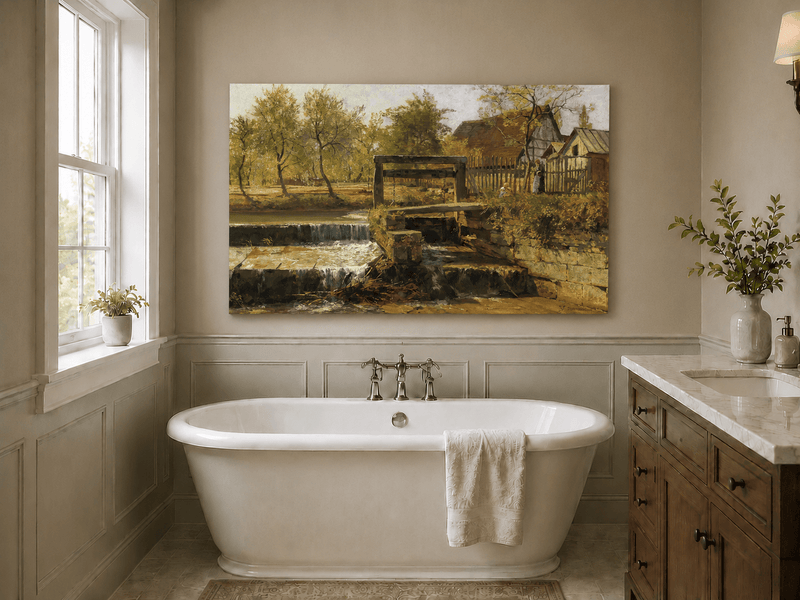 Landscape Oil Painting - Rustic Mill Stream and Village Scene