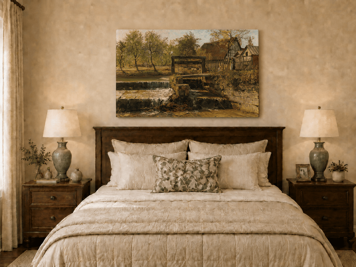 Landscape Oil Painting - Rustic Mill Stream and Village Scene
