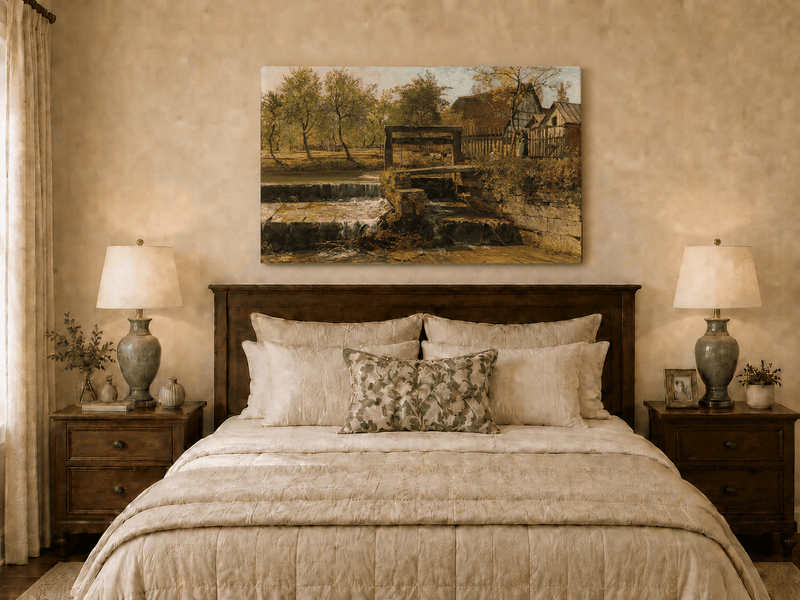 Landscape Oil Painting - Rustic Mill Stream and Village Scene