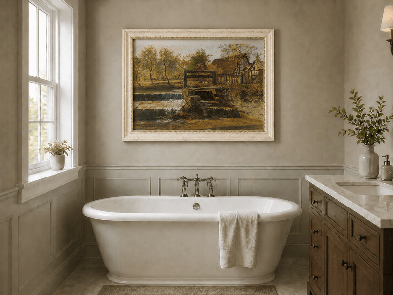 Landscape Oil Painting - Rustic Mill Stream and Village Scene