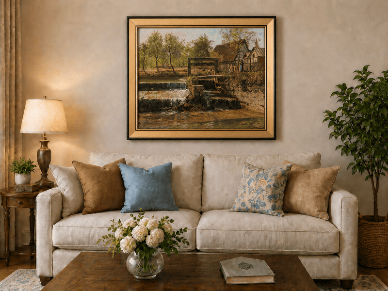 Landscape Oil Painting - Rustic Mill Stream and Village Scene