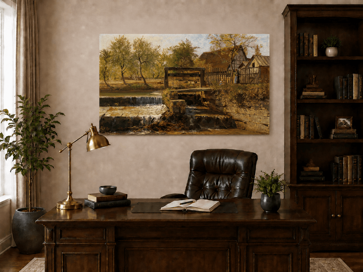 Landscape Oil Painting - Rustic Mill Stream and Village Scene