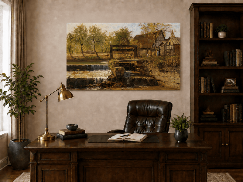 Landscape Oil Painting - Rustic Mill Stream and Village Scene