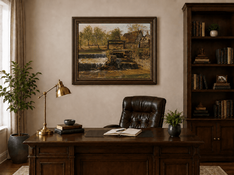 Landscape Oil Painting - Rustic Mill Stream and Village Scene