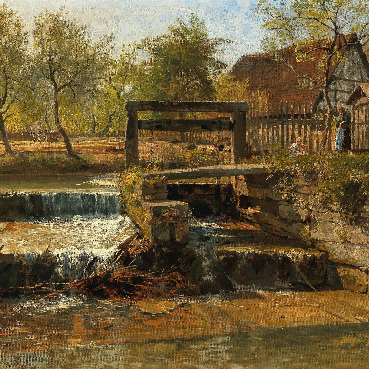 Hand-painted rustic mill stream and village scene landscape oil painting on canvas