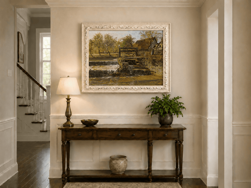 Landscape Oil Painting - Rustic Mill Stream and Village Scene
