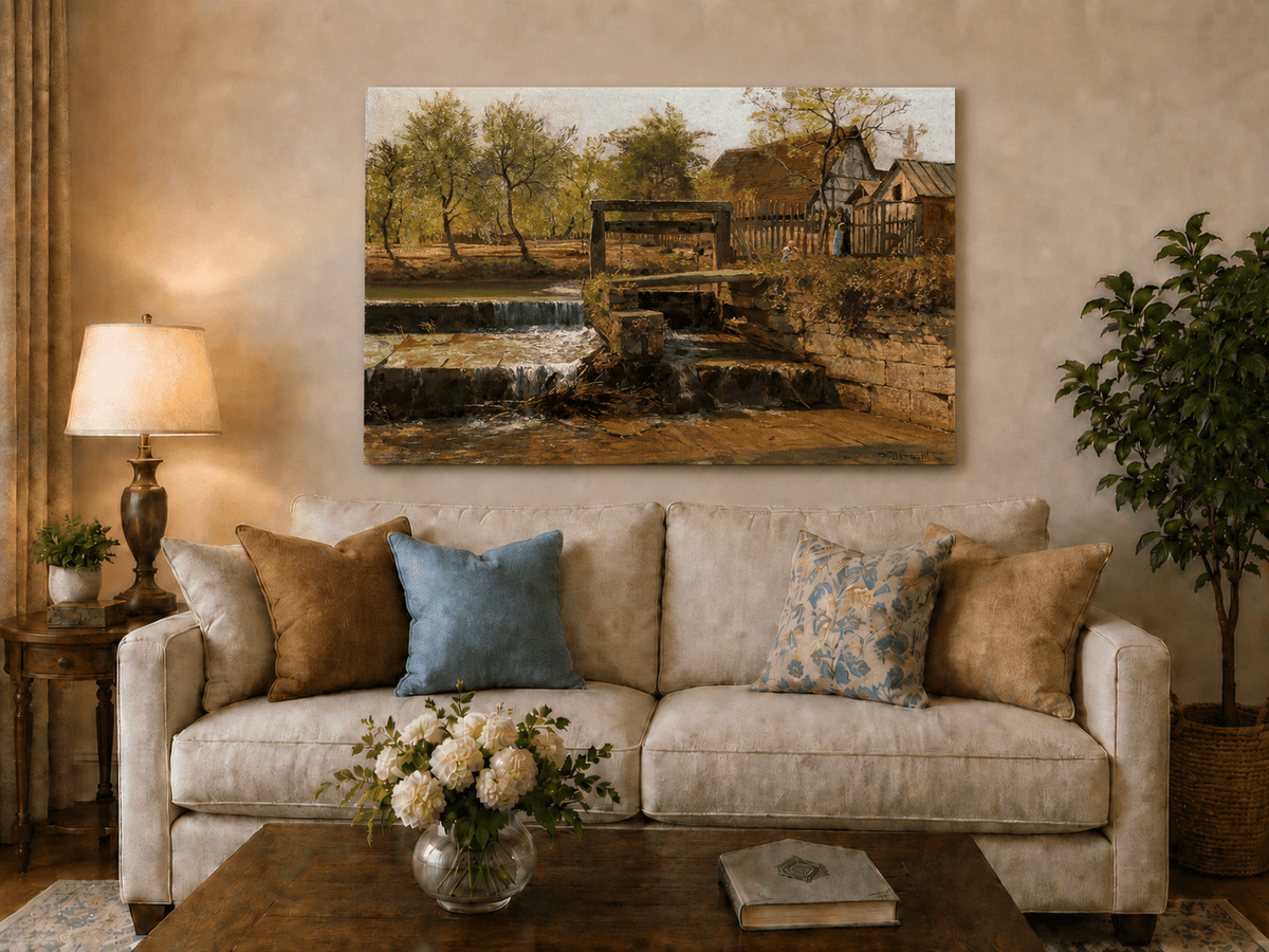 Landscape Oil Painting - Rustic Mill Stream and Village Scene
