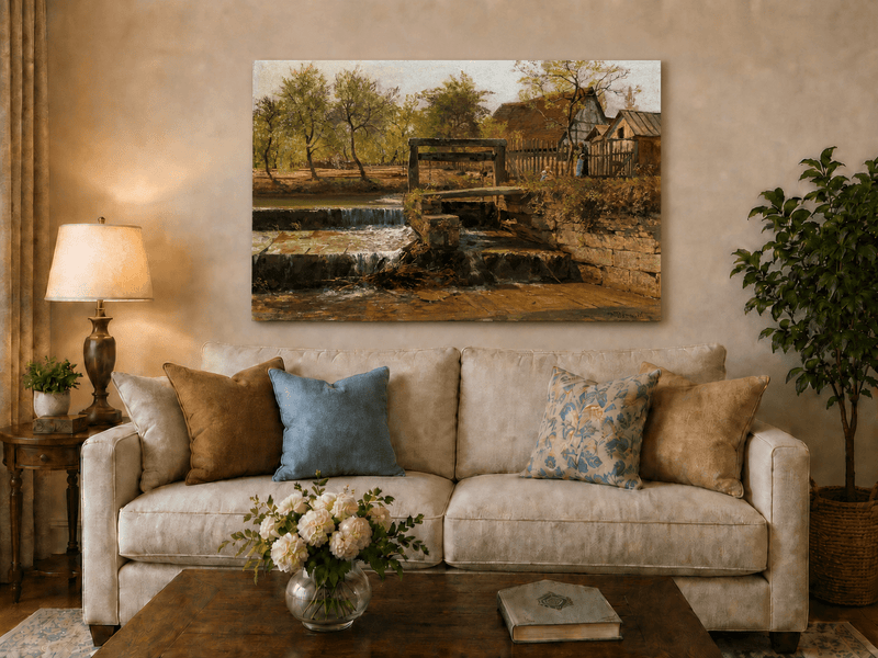 Landscape Oil Painting - Rustic Mill Stream and Village Scene