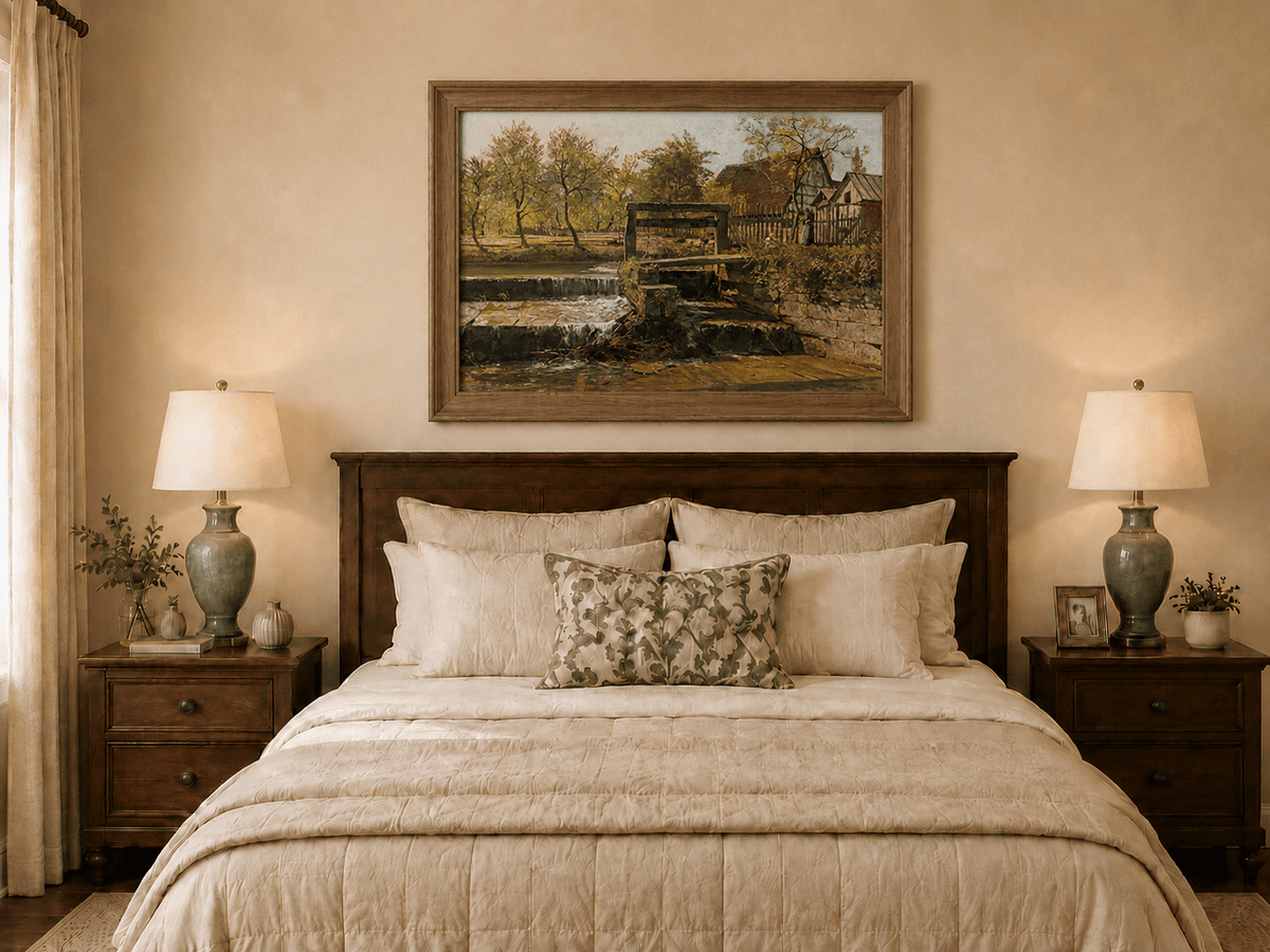 Landscape Oil Painting - Rustic Mill Stream and Village Scene