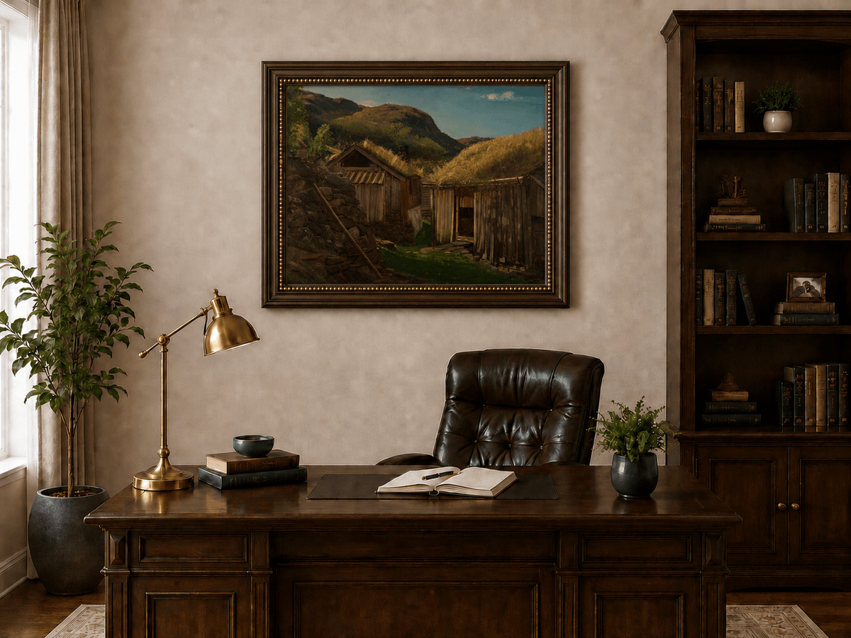 Landscape Oil Painting - Rustic Mountain Cabins with Grass Roofs