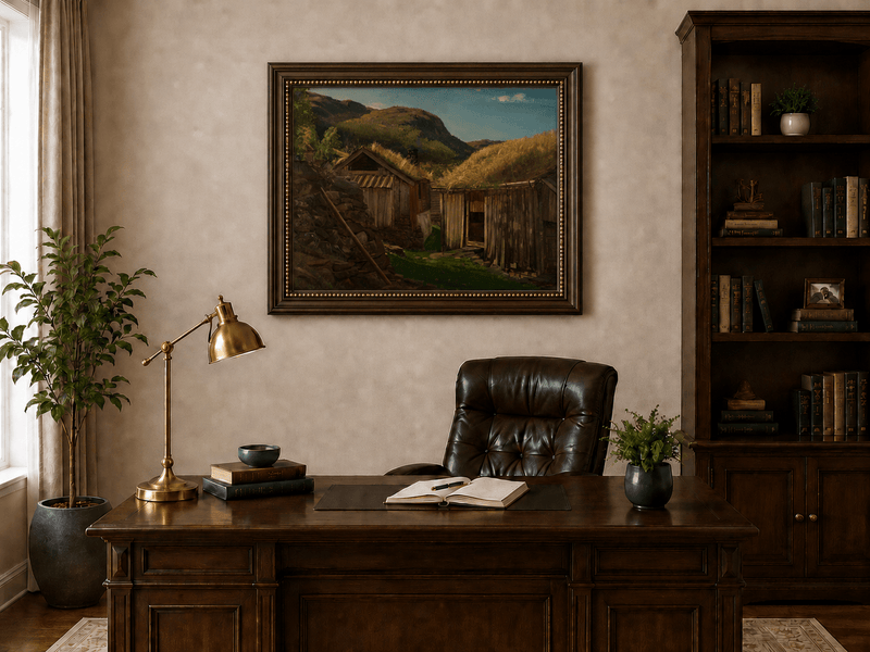 Landscape Oil Painting - Rustic Mountain Cabins with Grass Roofs