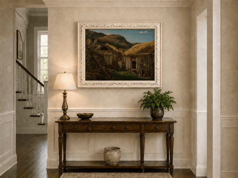 Landscape Oil Painting - Rustic Mountain Cabins with Grass Roofs