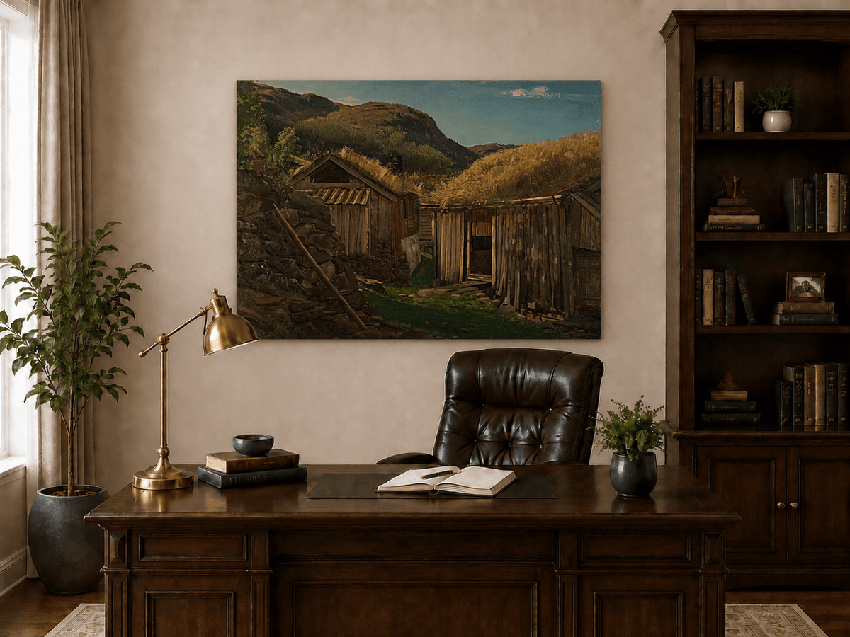 Landscape Oil Painting - Rustic Mountain Cabins with Grass Roofs
