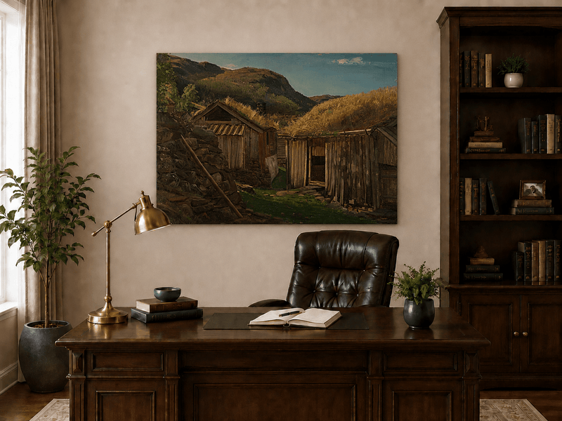 Landscape Oil Painting - Rustic Mountain Cabins with Grass Roofs