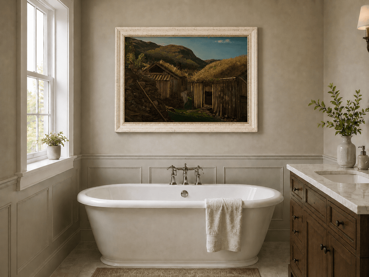 Landscape Oil Painting - Rustic Mountain Cabins with Grass Roofs
