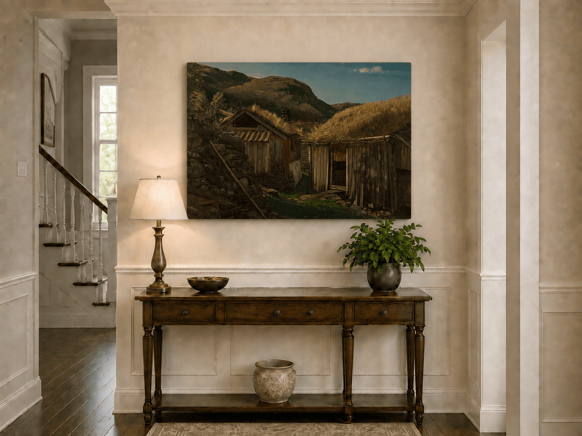 Landscape Oil Painting - Rustic Mountain Cabins with Grass Roofs