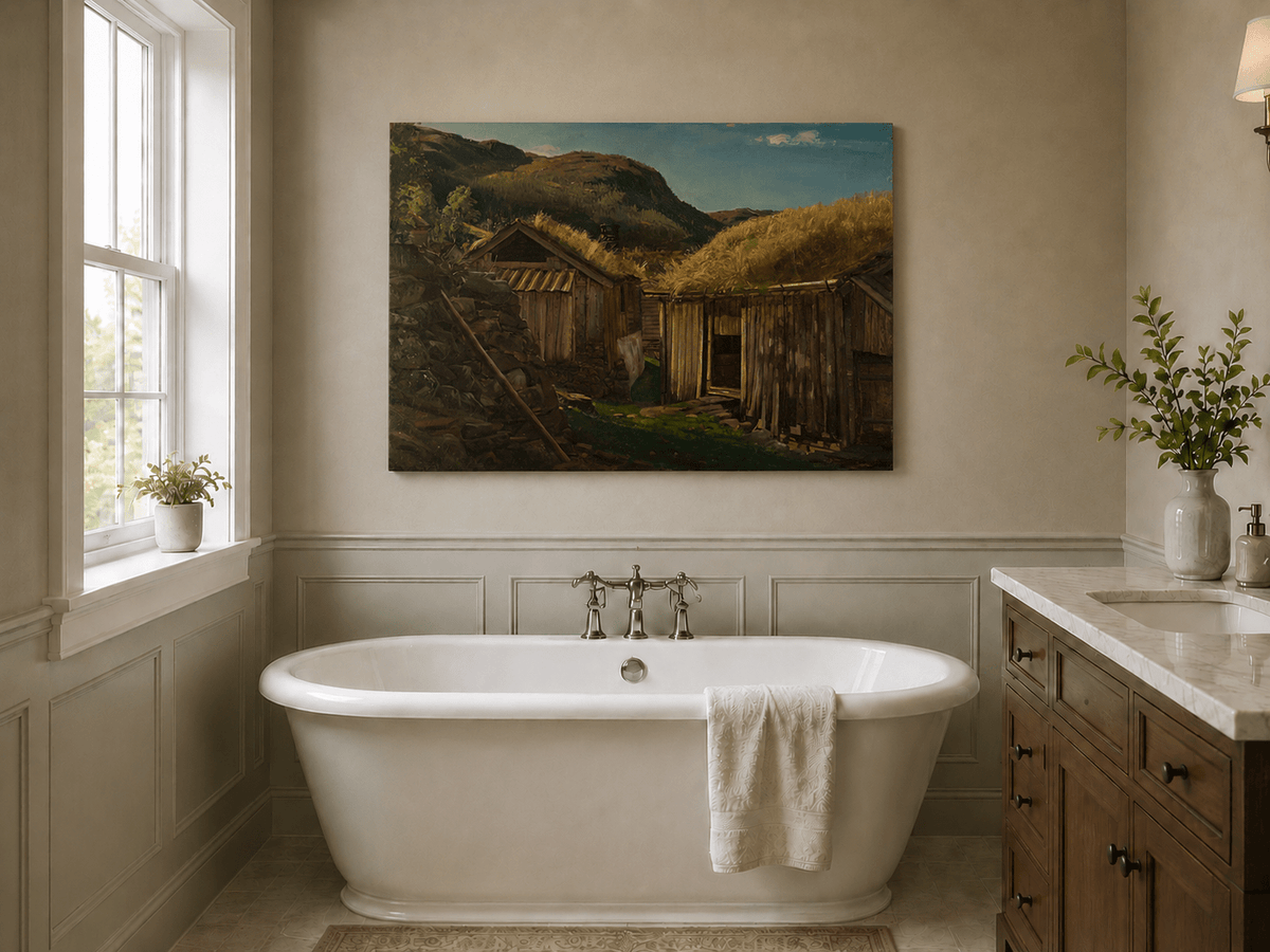 Landscape Oil Painting - Rustic Mountain Cabins with Grass Roofs