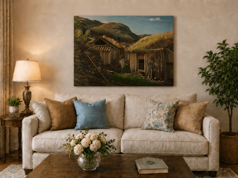 Landscape Oil Painting - Rustic Mountain Cabins with Grass Roofs