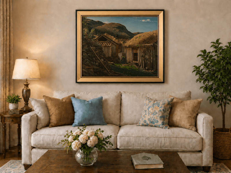 Landscape Oil Painting - Rustic Mountain Cabins with Grass Roofs