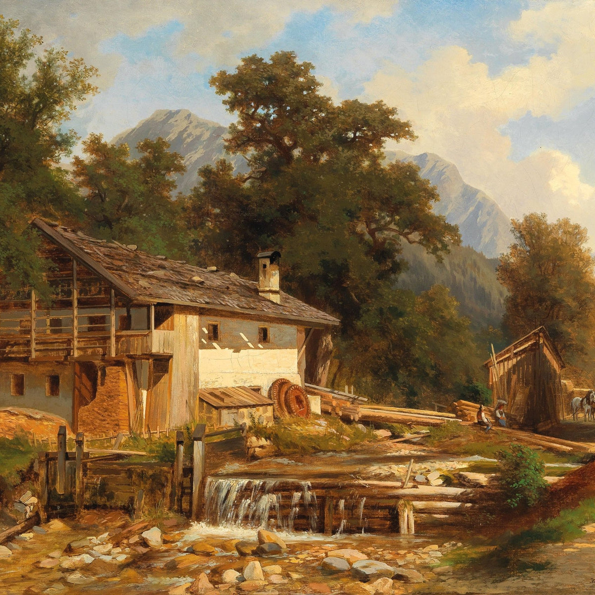 Landscape Oil Painting - Rustic Mountain Mill and Forest Stream - Oil Painting Haven