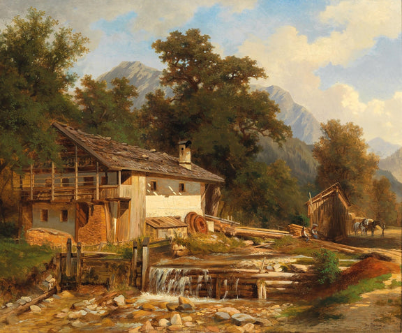 Landscape Oil Painting - Rustic Mountain Mill and Forest Stream - Oil Painting Haven