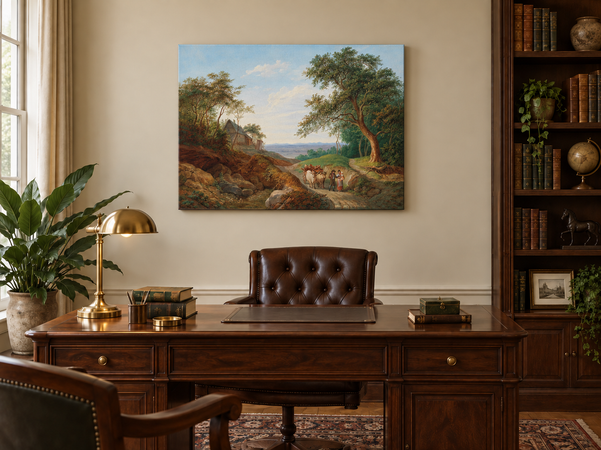 Hand-painted Rustic Ox Cart Path with Cottage View landscape oil painting displayed as wall art in a styled interior
