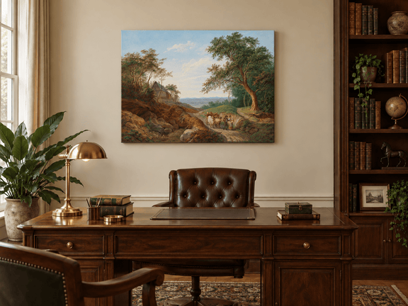 Hand-painted Rustic Ox Cart Path with Cottage View landscape oil painting displayed as wall art in a styled interior