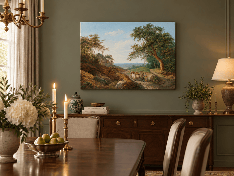 Hand-painted Rustic Ox Cart Path with Cottage View landscape oil painting displayed as wall art in a styled interior