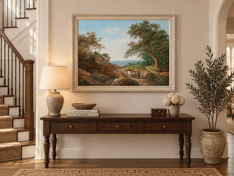 Hand-painted Rustic Ox Cart Path with Cottage View landscape oil painting displayed as wall art in a styled interior