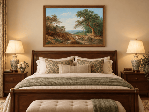 Hand-painted Rustic Ox Cart Path with Cottage View landscape oil painting displayed as wall art in a styled interior