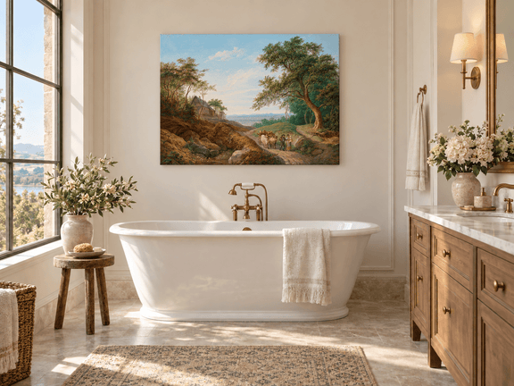 Hand-painted Rustic Ox Cart Path with Cottage View landscape oil painting displayed as wall art in a styled interior