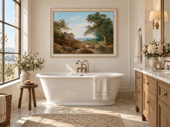 Hand-painted Rustic Ox Cart Path with Cottage View landscape oil painting displayed as wall art in a styled interior