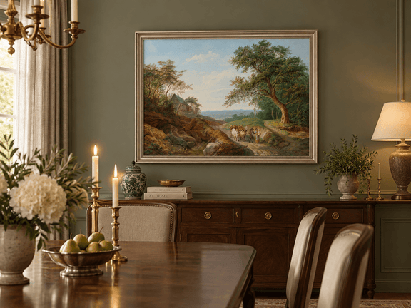 Hand-painted Rustic Ox Cart Path with Cottage View landscape oil painting displayed as wall art in a styled interior
