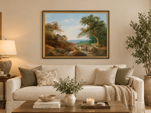 Hand-painted Rustic Ox Cart Path with Cottage View landscape oil painting displayed as wall art in a styled interior