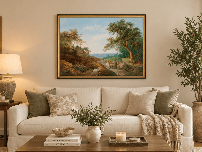Hand-painted Rustic Ox Cart Path with Cottage View landscape oil painting displayed as wall art in a styled interior