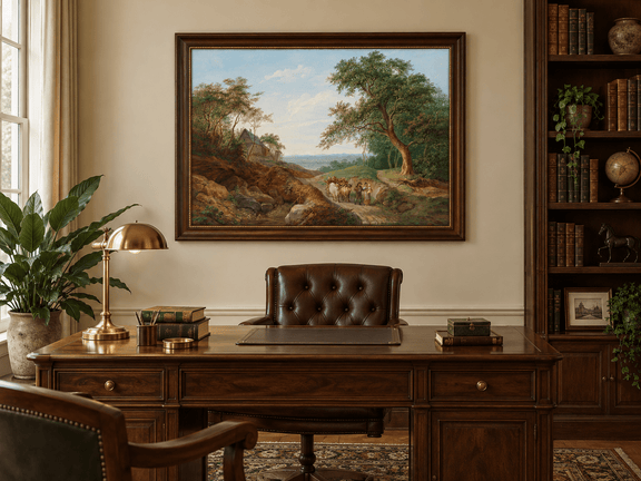 Hand-painted Rustic Ox Cart Path with Cottage View landscape oil painting displayed as wall art in a styled interior