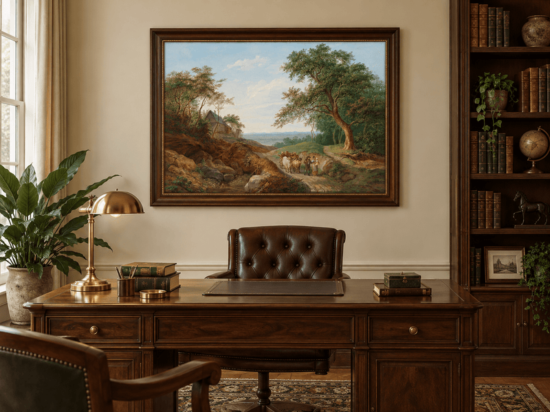 Hand-painted Rustic Ox Cart Path with Cottage View landscape oil painting displayed as wall art in a styled interior