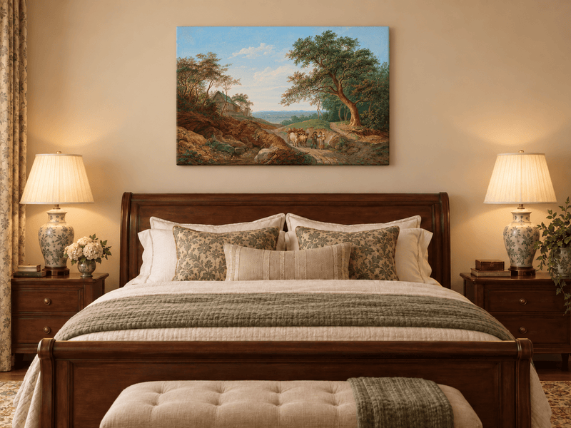 Hand-painted Rustic Ox Cart Path with Cottage View landscape oil painting displayed as wall art in a styled interior
