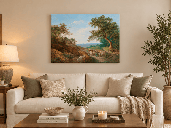 Hand-painted Rustic Ox Cart Path with Cottage View landscape oil painting displayed as wall art in a styled interior