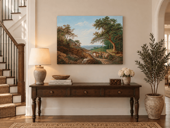 Hand-painted Rustic Ox Cart Path with Cottage View landscape oil painting displayed as wall art in a styled interior