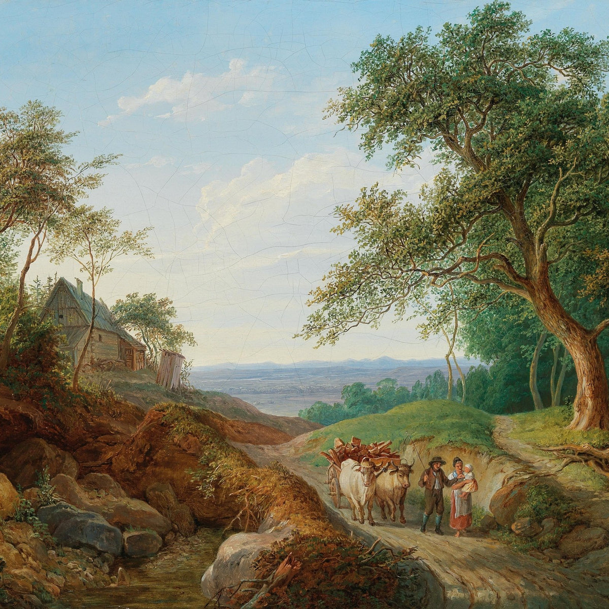 Landscape Oil Painting - Rustic Ox Cart Path with Cottage View - Oil Painting Haven