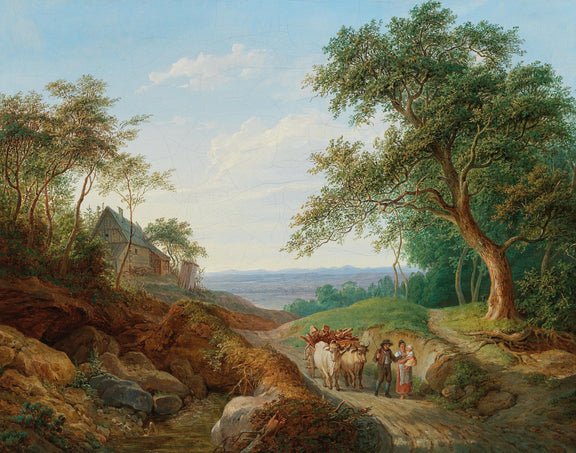Landscape Oil Painting - Rustic Ox Cart Path with Cottage View - Oil Painting Haven