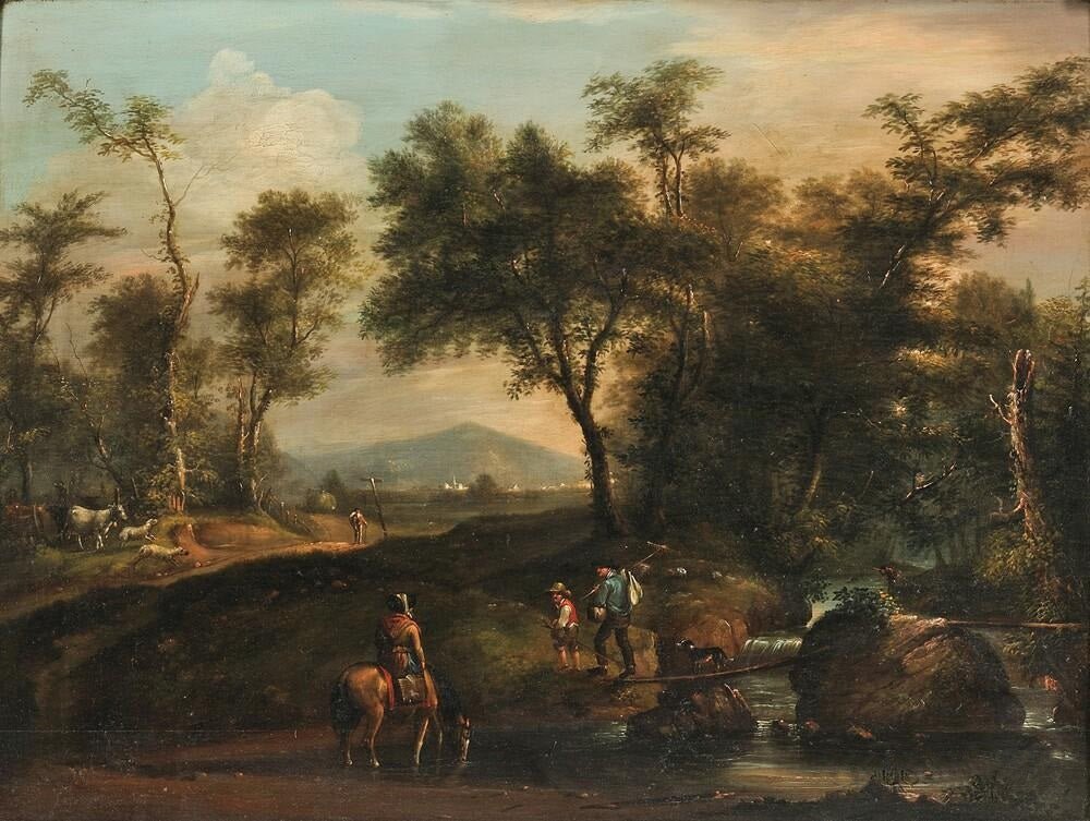 Hand-painted rustic river crossing woodland scene landscape oil painting on canvas