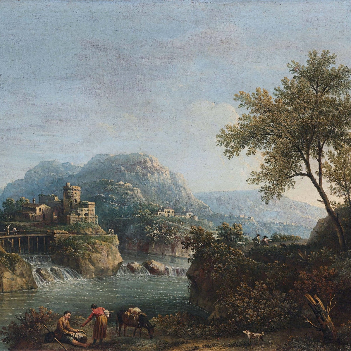 Landscape Oil Painting - Rustic river valley castle & waterfall