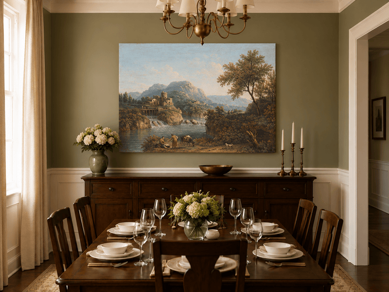 Landscape Oil Painting - Rustic river valley castle & waterfall