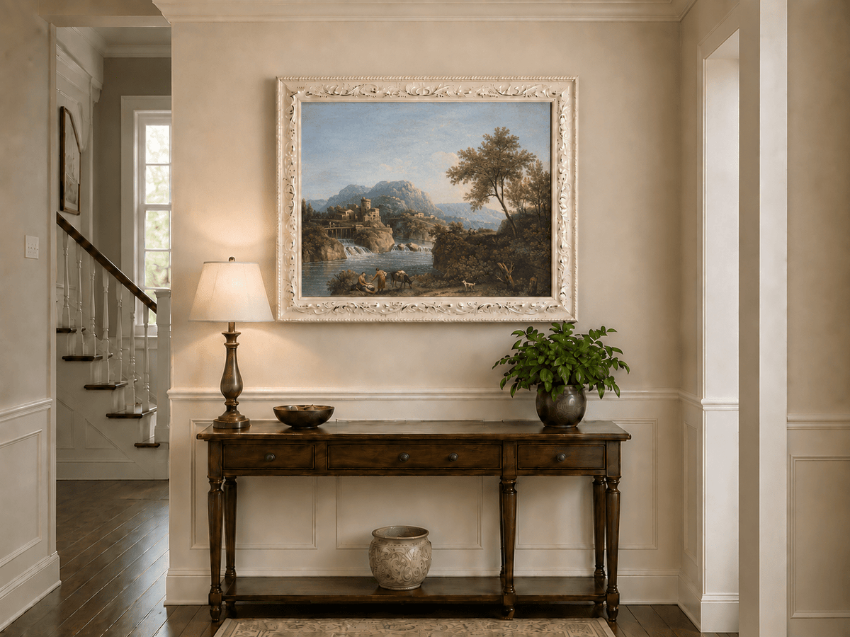 Landscape Oil Painting - Rustic river valley castle & waterfall